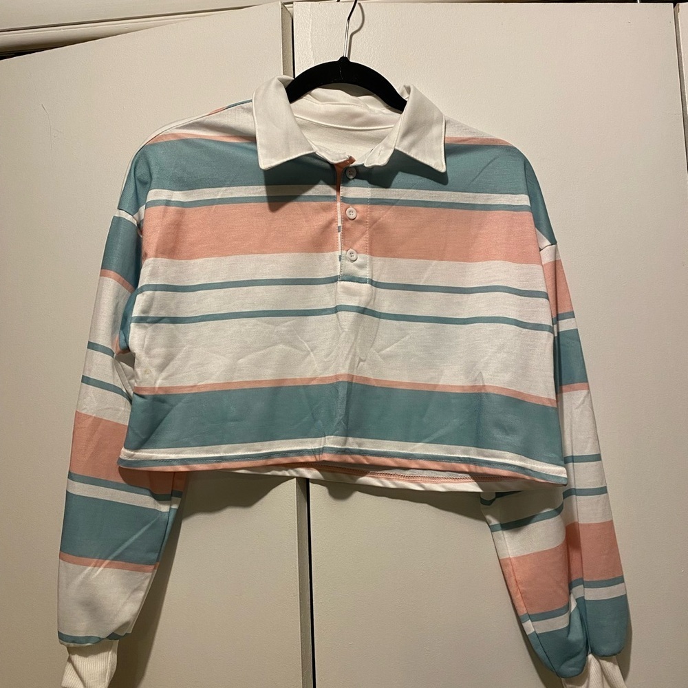 Striped Cropped Polo Shirt - Blue, Pink, and White
